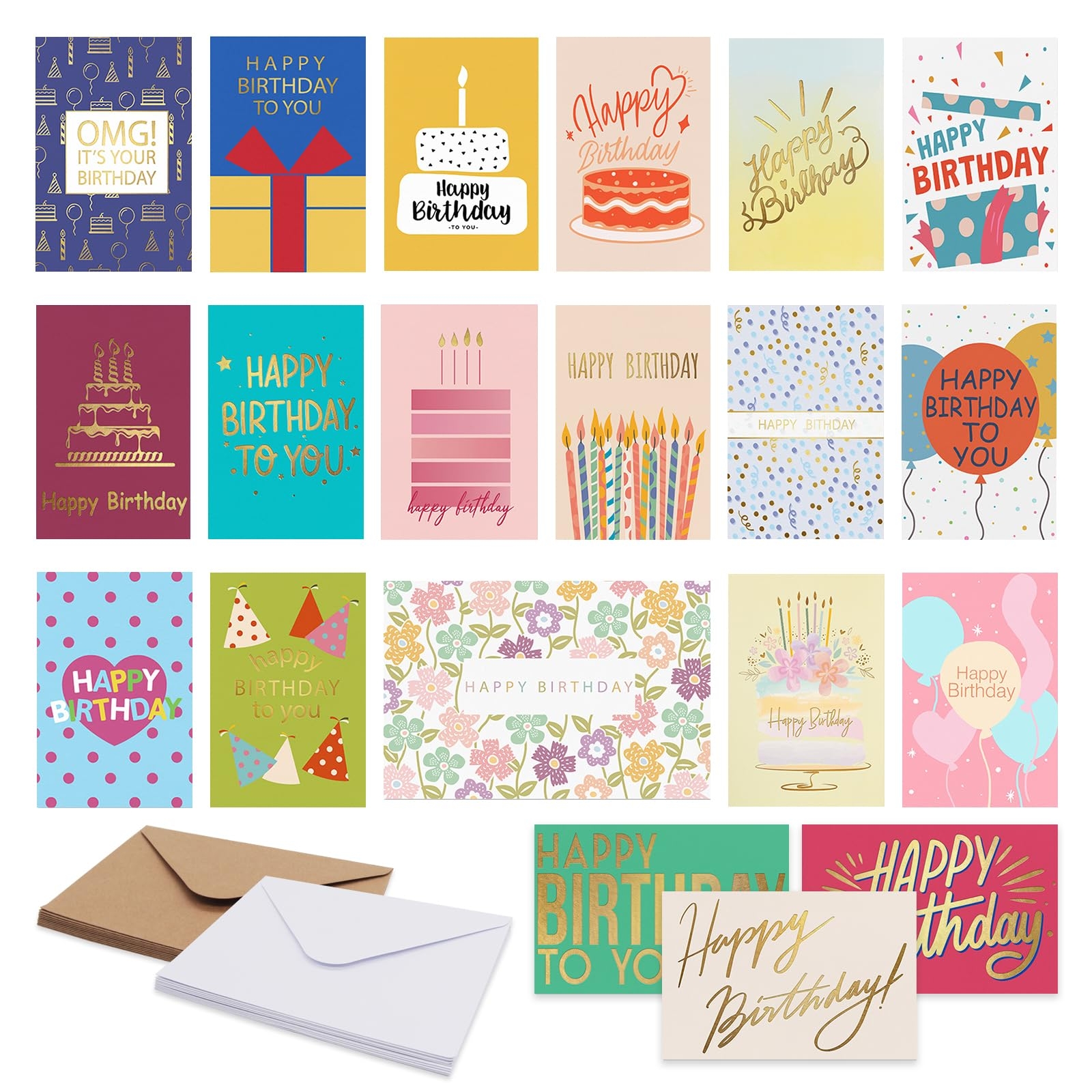 Amazon Cofullsky Birthday Cards Pack Of 20 Birthday Cards Bulk For Women Men Kids Gold Foil Assorted Happy Birthday Greeting Cards With 