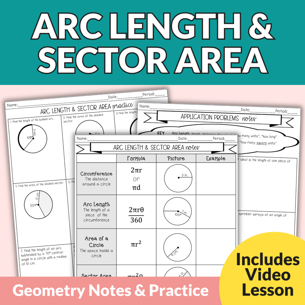 Arc Length And Sector Area Notes And Worksheets For 9th 11th 