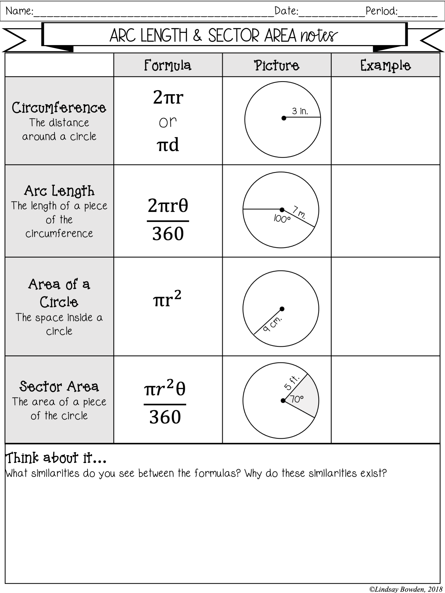 Arc Length And Sector Area Notes And Worksheets Lindsay Bowden 