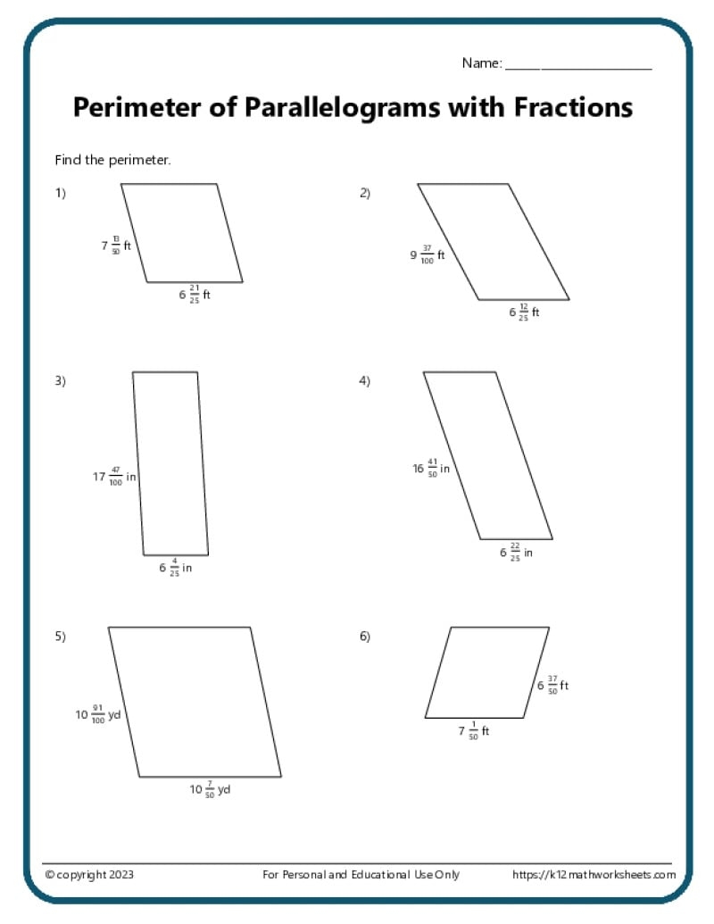 Area And Perimeter Of Parallelograms K12 Math Worksheets