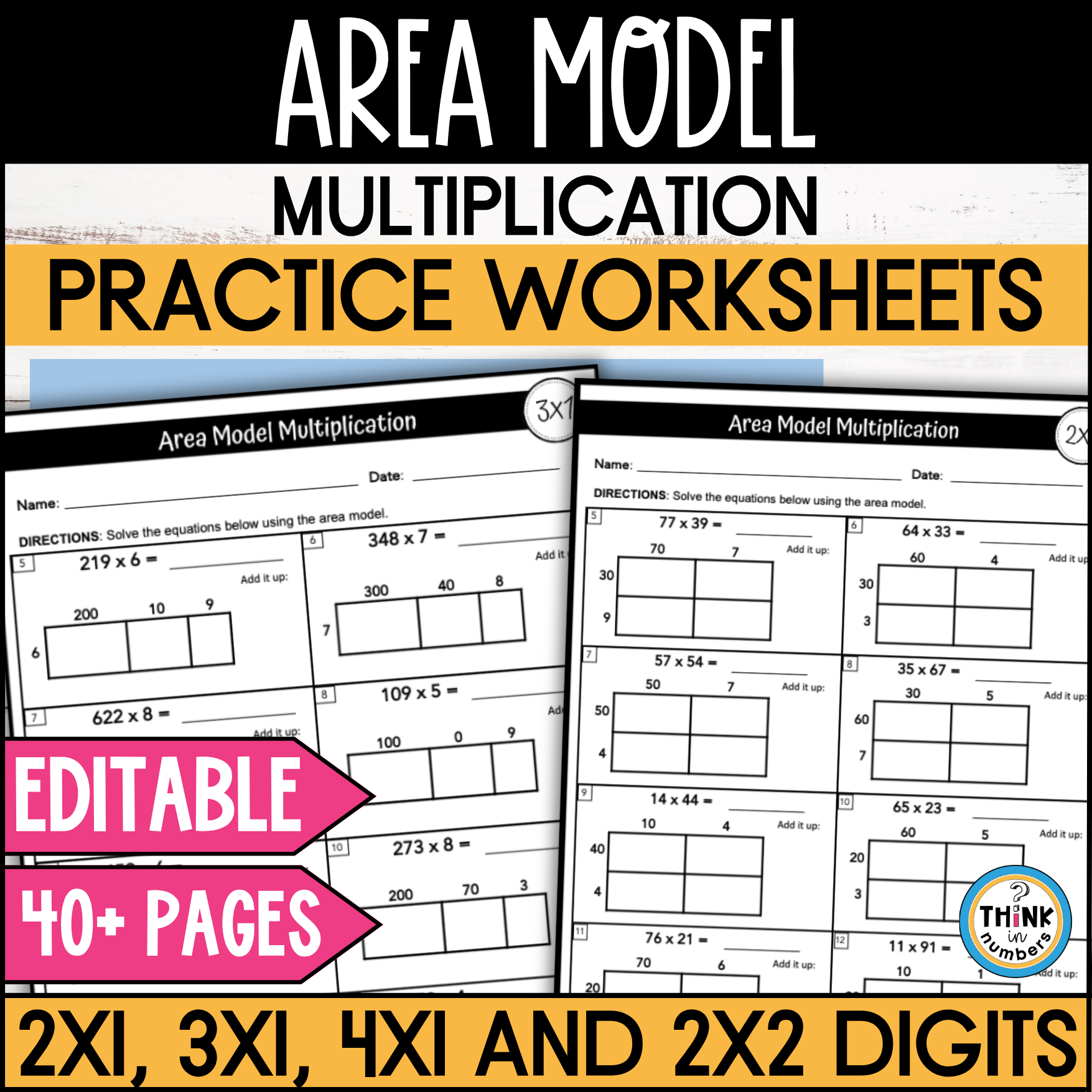 Area Model Multiplication Worksheets 2x1 3x1 4x1 And 2x2 Digits 