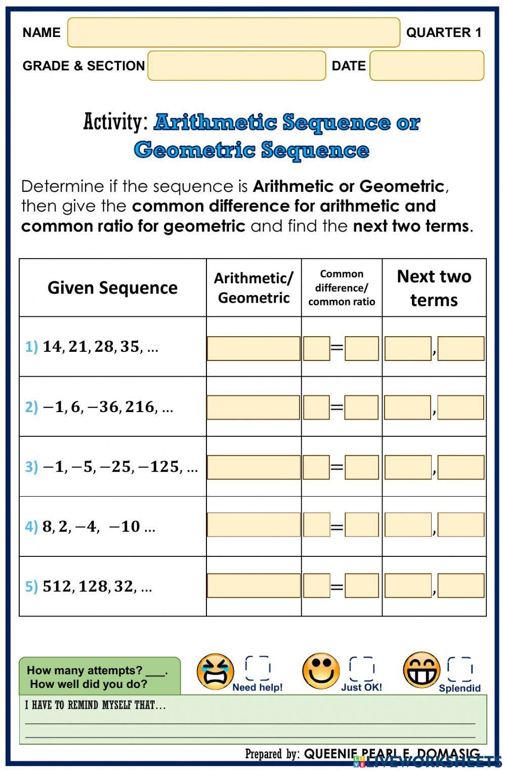 Arithmetic Sequence Or Geometric Sequence Worksheet Live Worksheets Worksheets Library