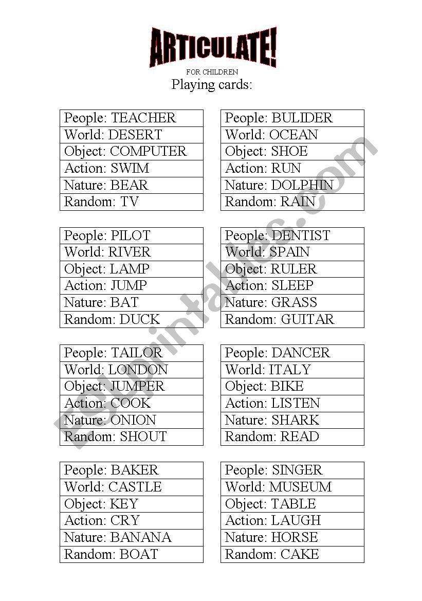 ARTICULATE For Children Enjoyable Describing Game speaking Structures And Playing Cards ESL Worksheet By Eflmon