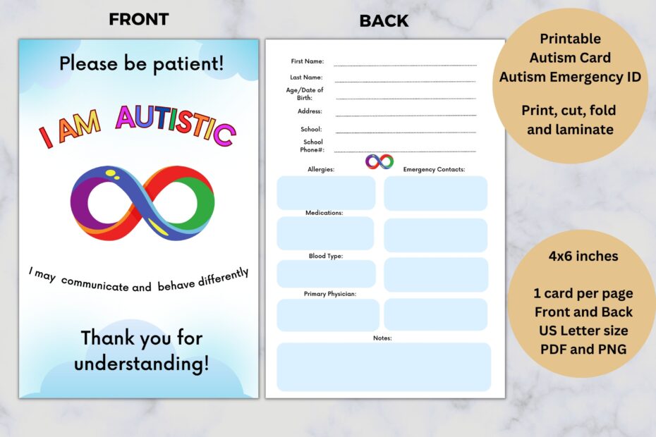 Autism Card Printable Autism Emergency ID I Am Autistic Sign Safety Info Digital Download Etsy