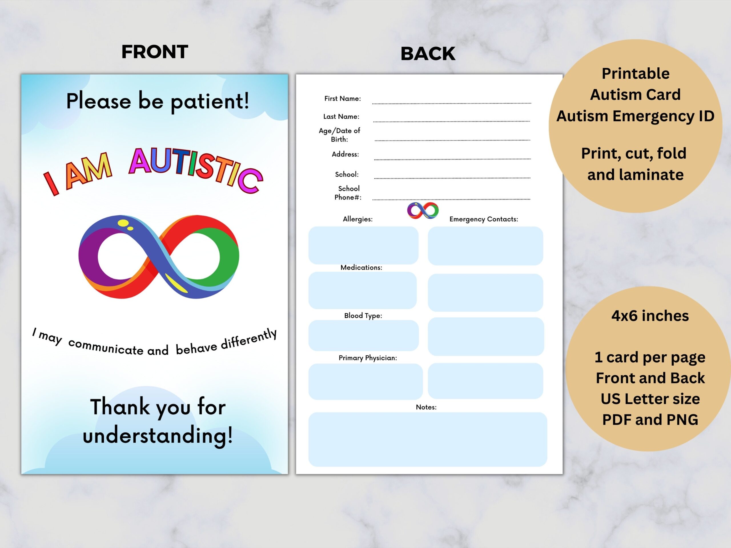 Autism Card Printable Autism Emergency ID I Am Autistic Sign Safety Info Digital Download Etsy