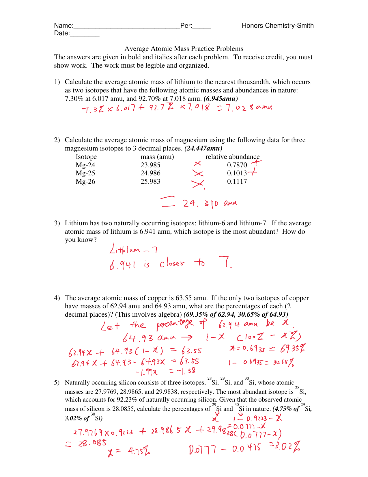 Average Atomic Mass Chemistry Practice Problems