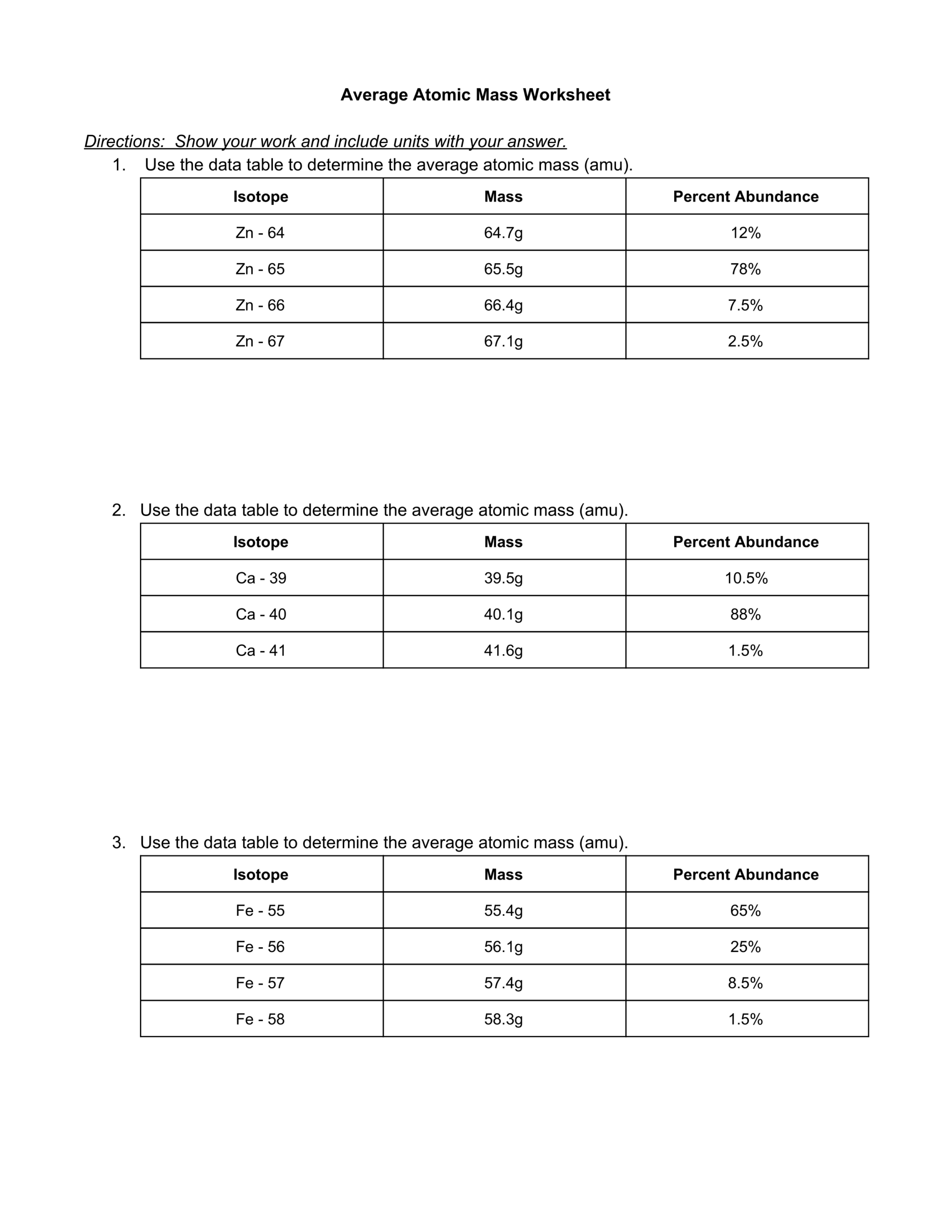 average atomic mass worksheet