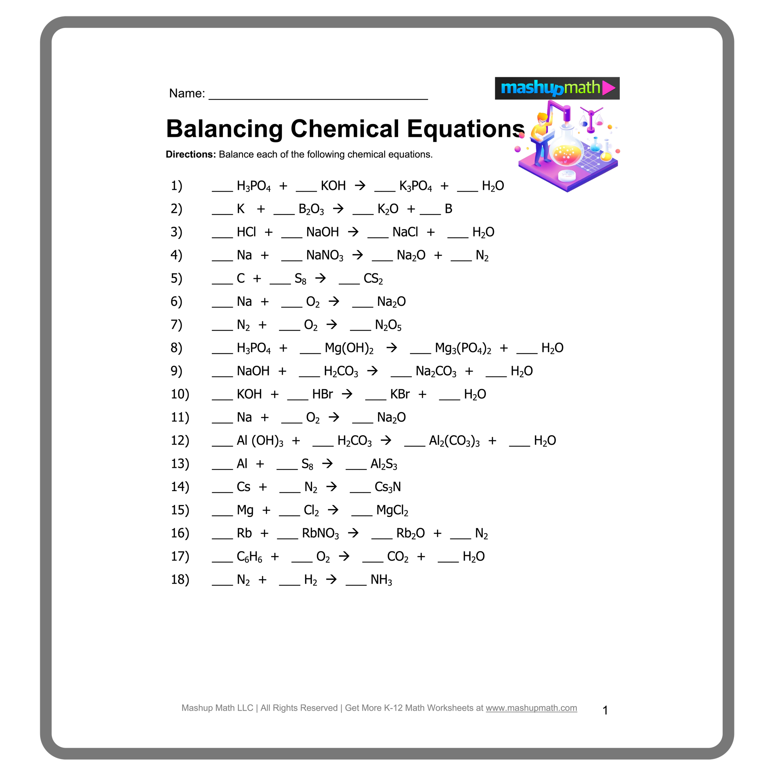 balancing equations worksheet about chemistry answers