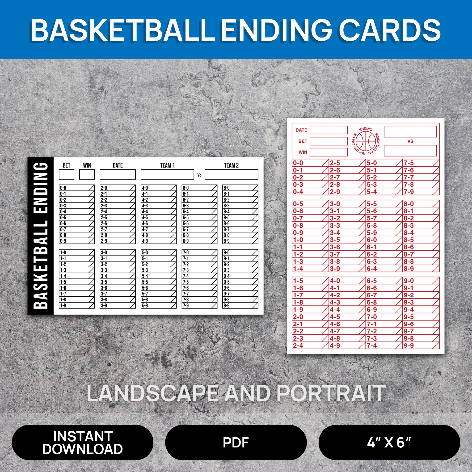 Basketball Ending Cards Printable 4x6 Black Red Blue Landscape Portrait Game Score Fundraiser Betting Sports Etsy Australia