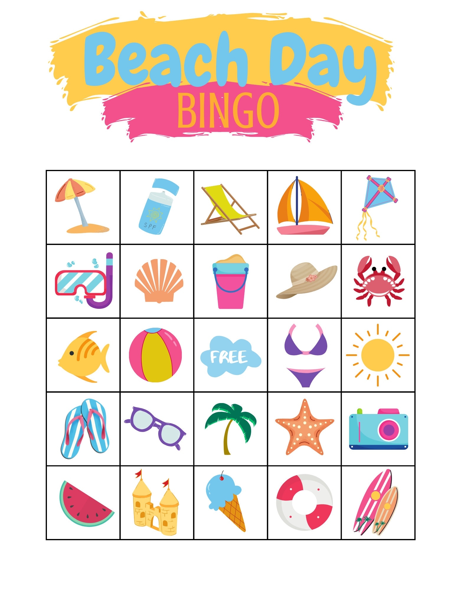 Beach Day Bingo Printable Fun Game For Kids Summer Vacation 