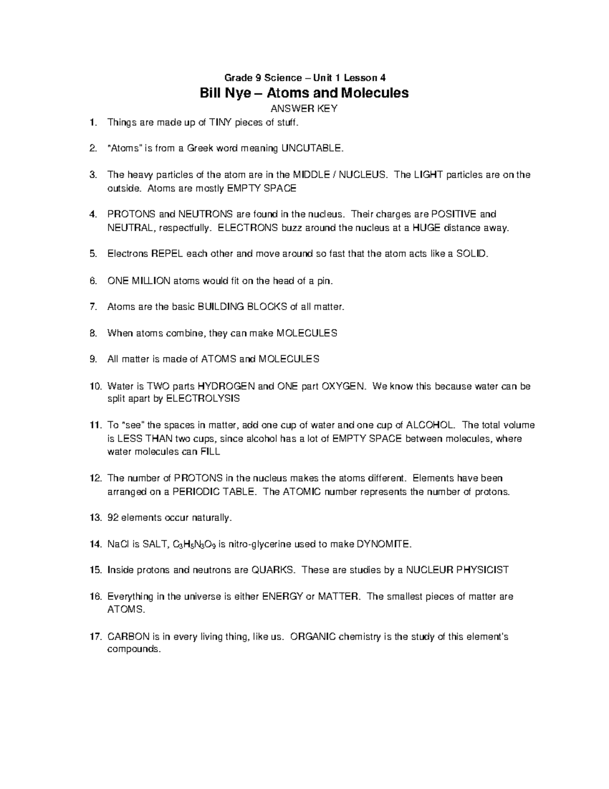 Bill nye atoms Answers Grade 9 Science Unit 1 Lesson 4 Bill Nye Atoms And Molecules ANSWER KEY Studocu