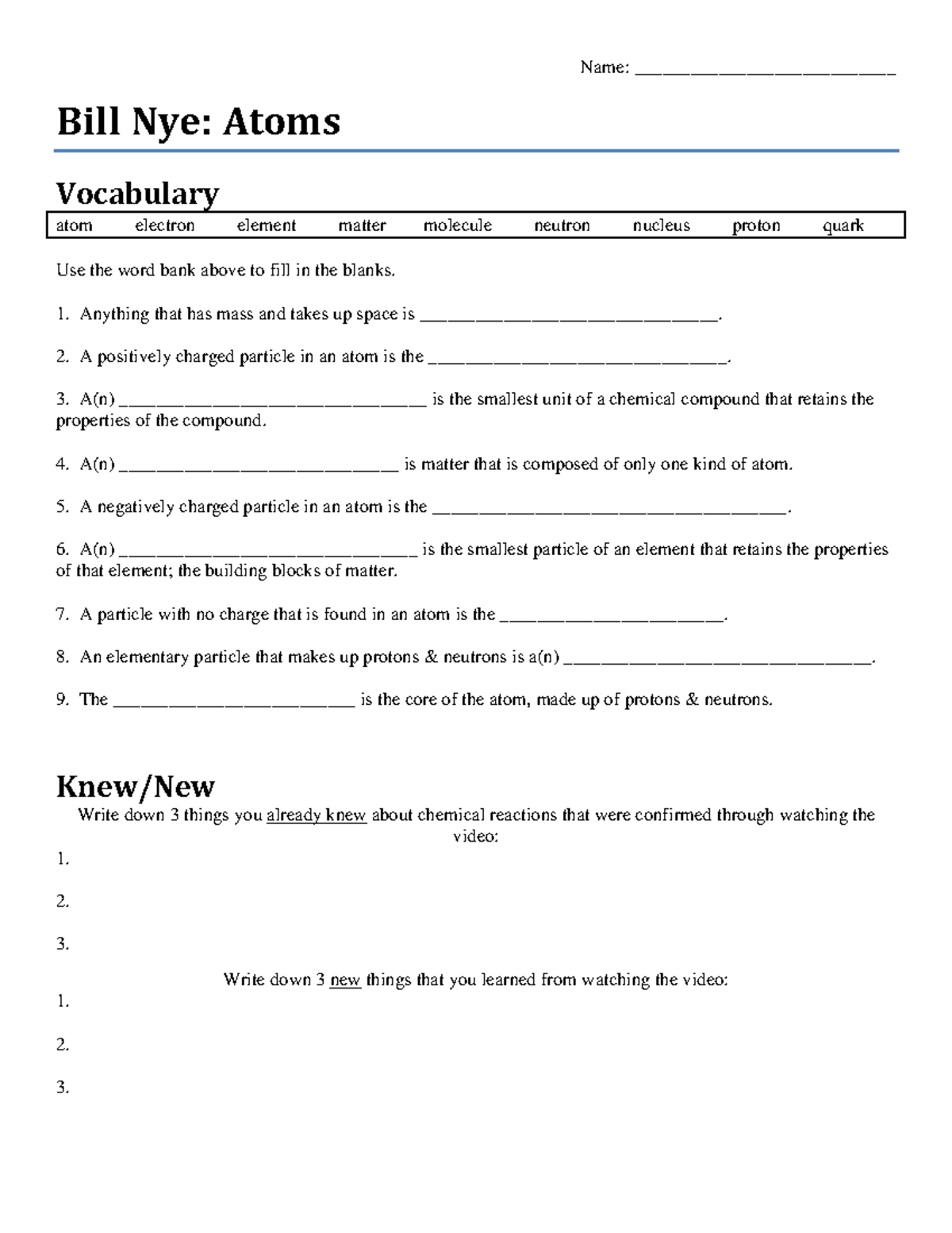 bill nye atoms and molecules worksheet