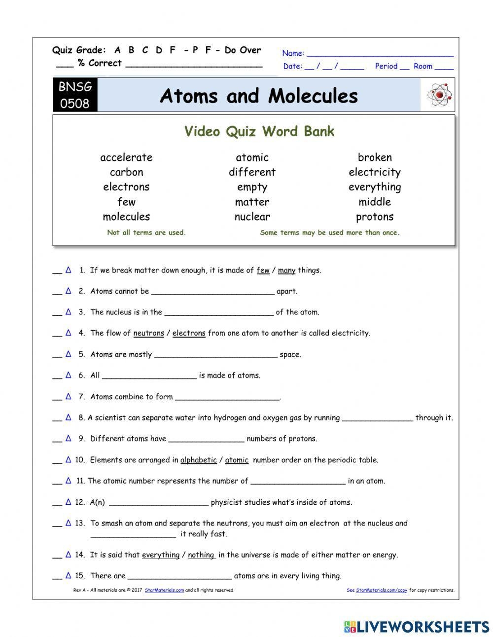 Bill Nye The Science Guy Atoms U0026 Molecules Quiz Worksheet Live Worksheets Library