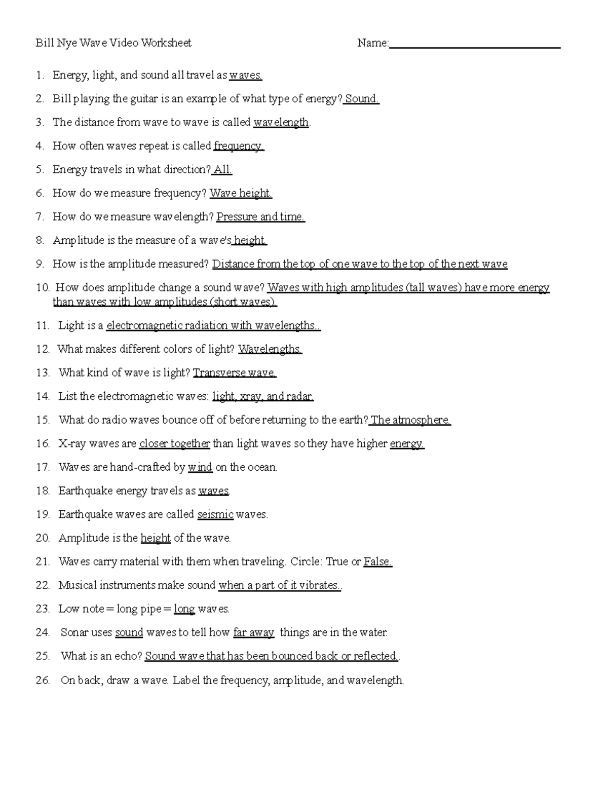 Bill Nye Waves Video Worksheet Analysis U0026 Key Concepts Studocu