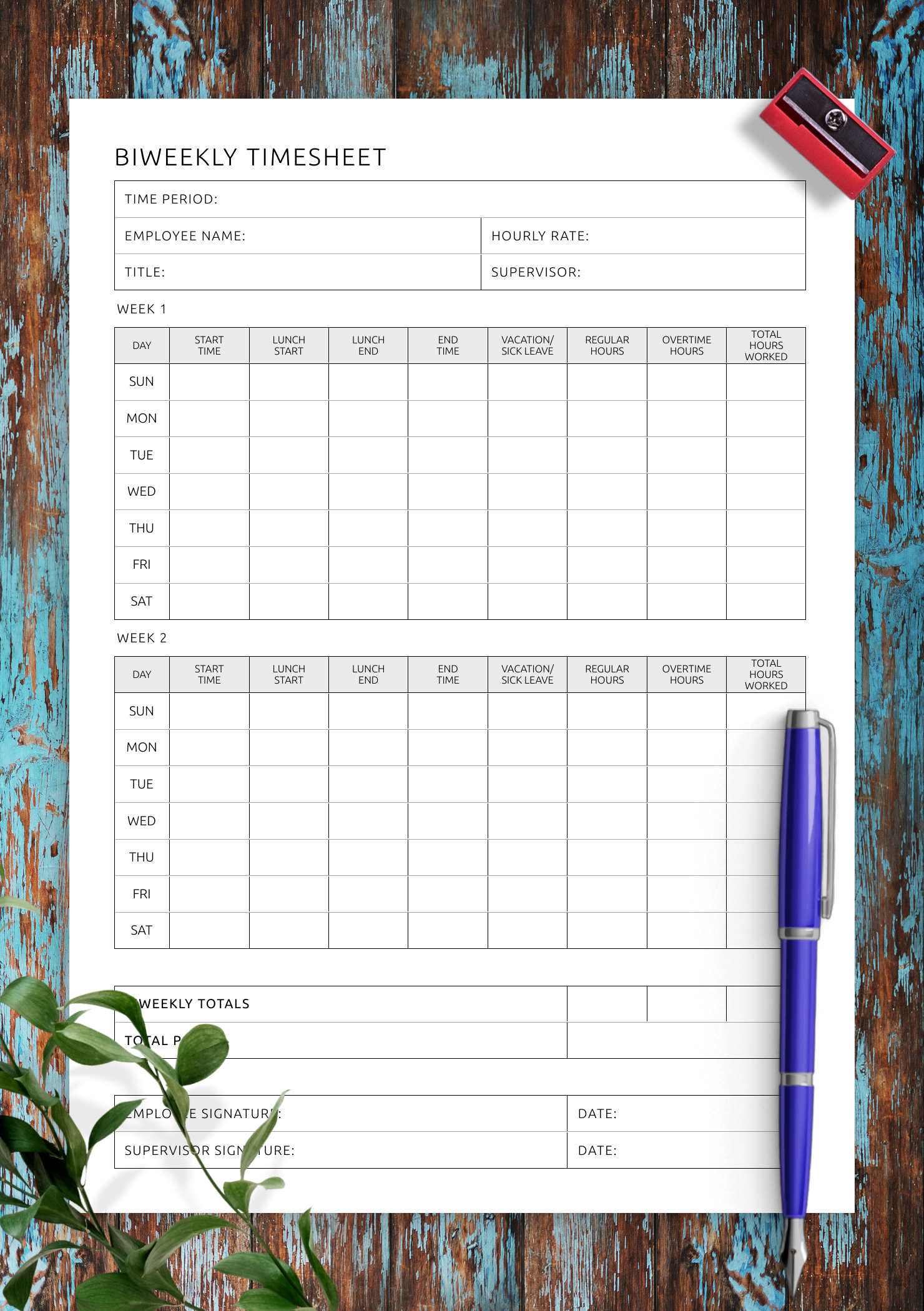 Biweekly Timesheet Template Digital U0026 Printable PDF Format