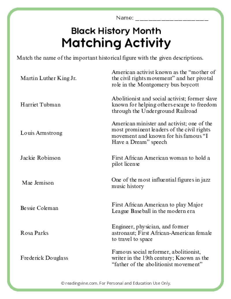 Black History Month Activities ReadingVine