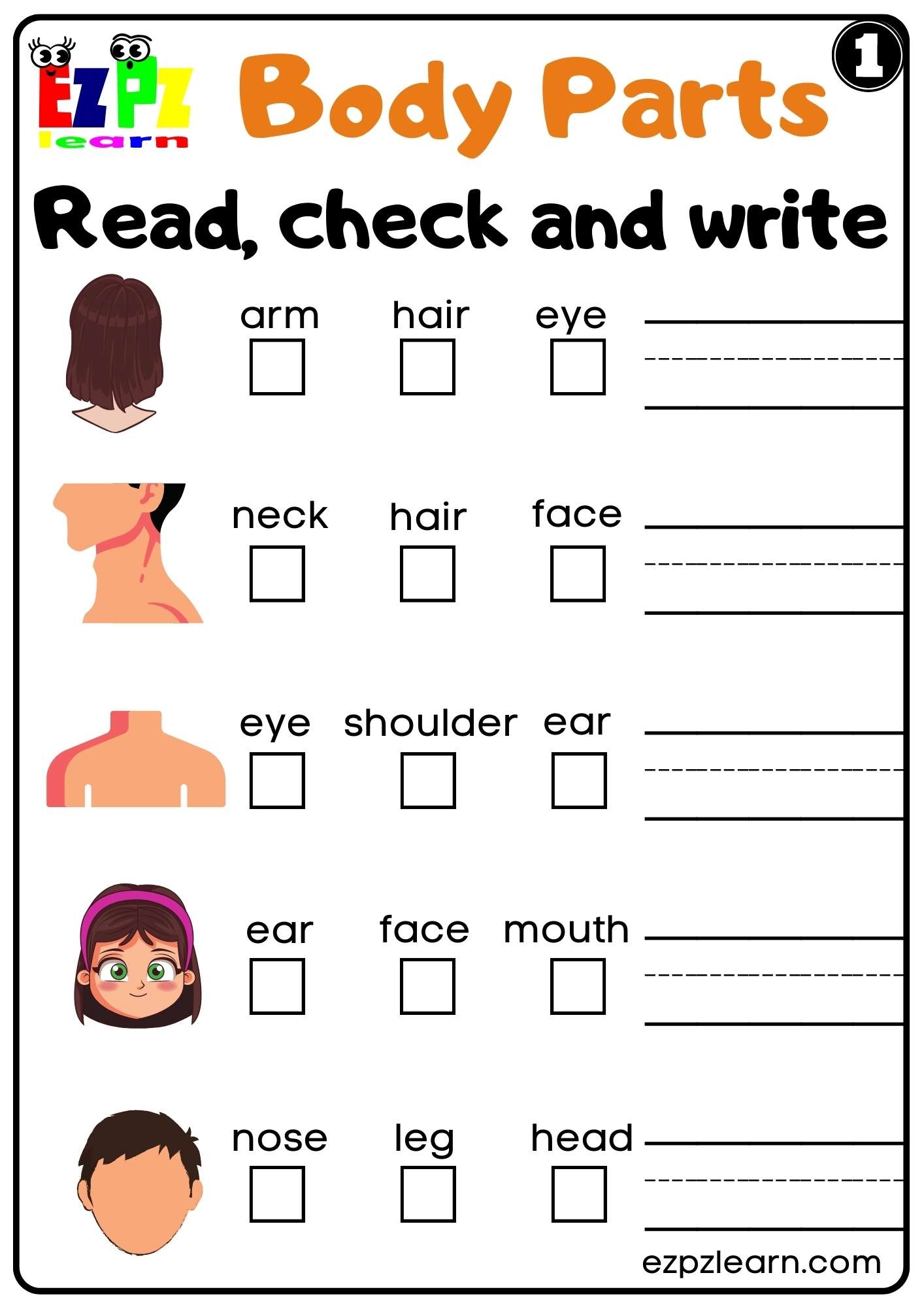 Body Parts Read Check And Write Worksheets For Kids And ESL PDF Download Set 1 Ezpzlearn