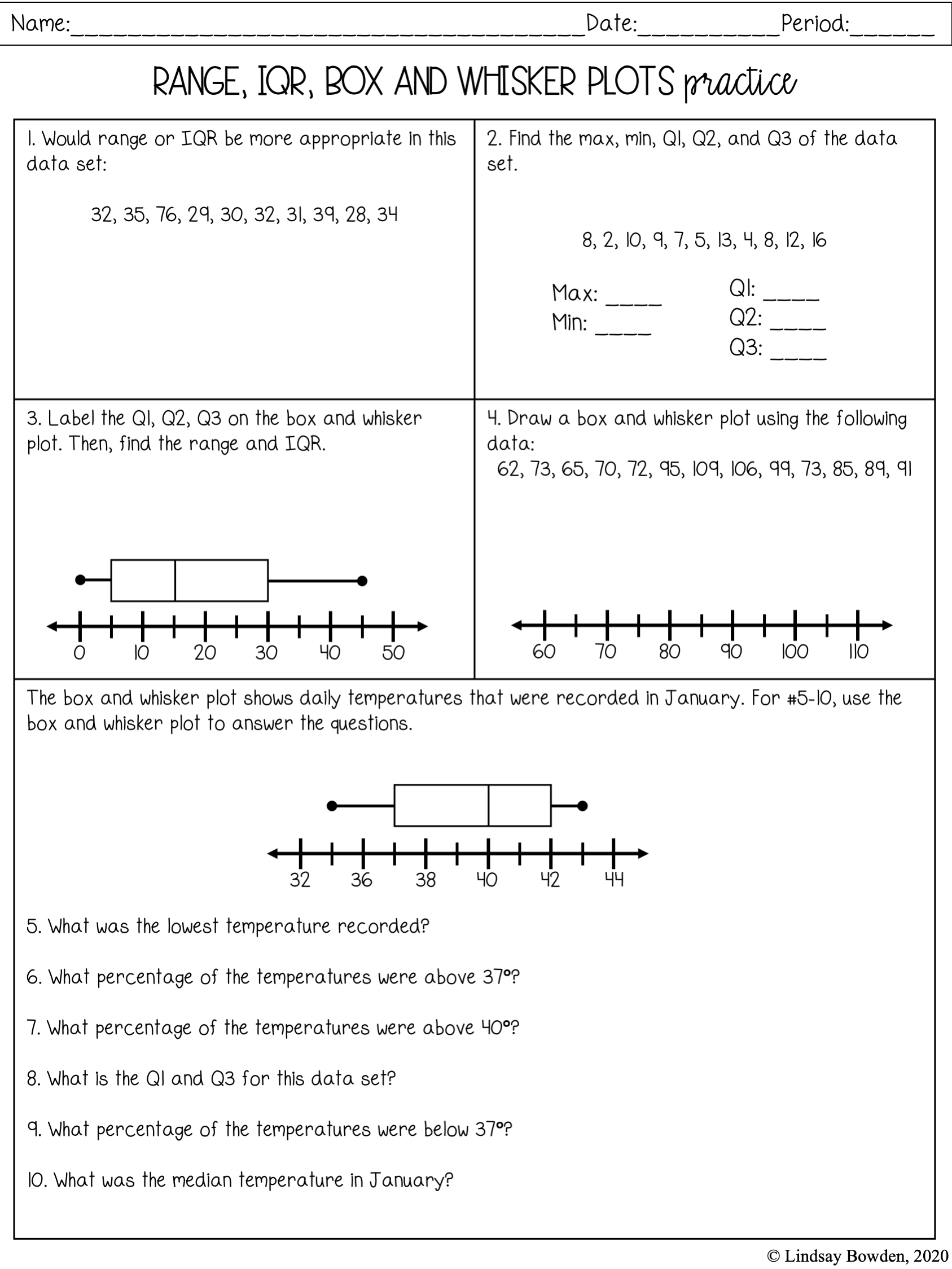 Box And Whisker Plots Guided Notes And Worksheets 7th 10th 