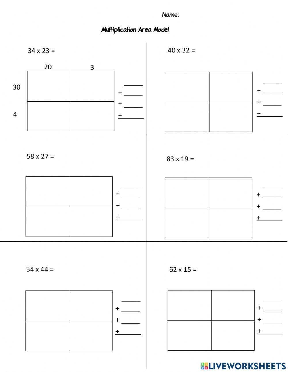box method multiplication worksheet