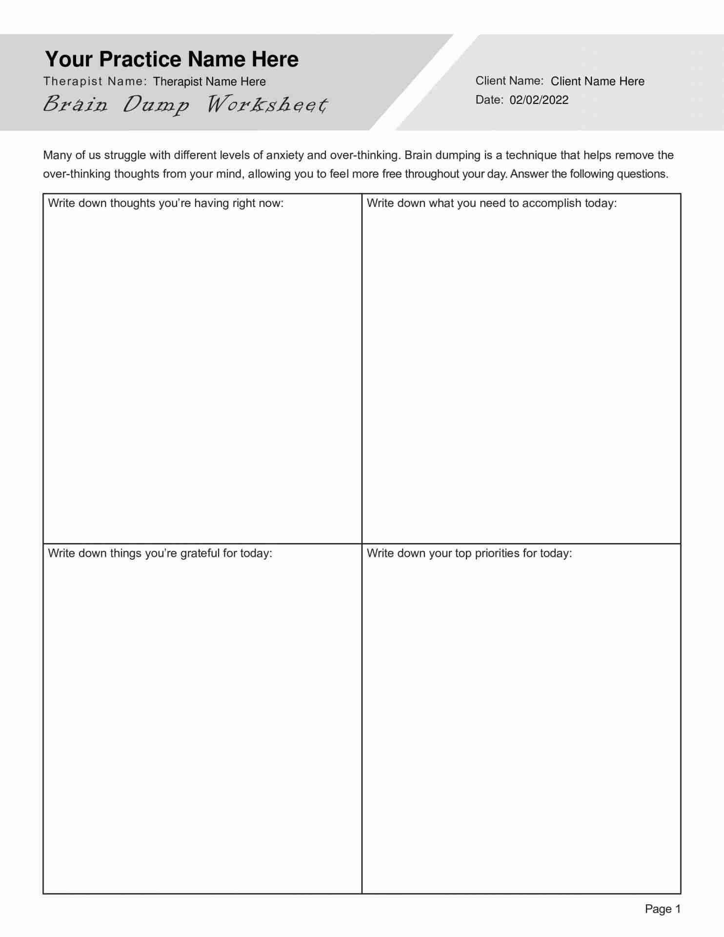 brain dumping worksheet