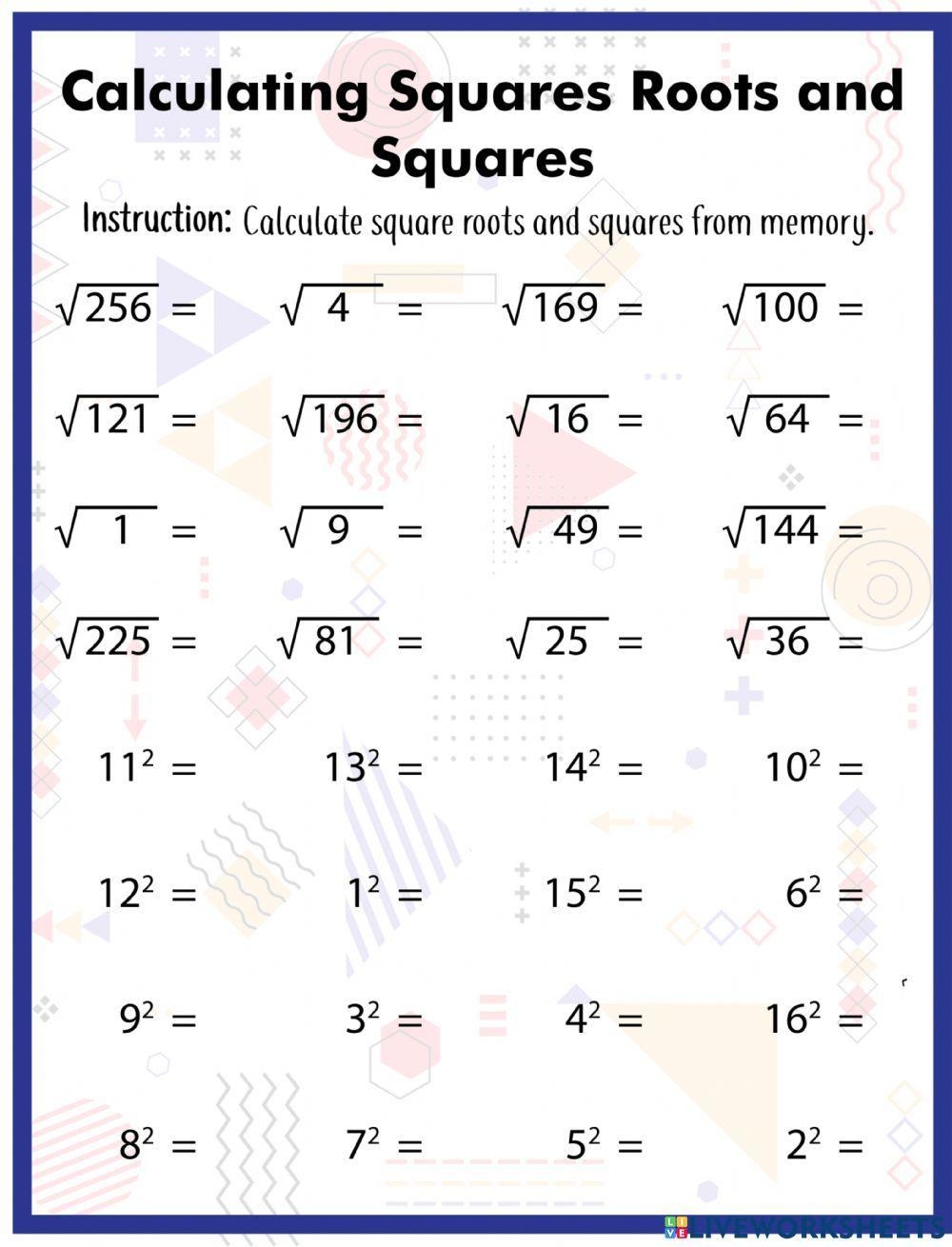 Calculating Squares Roots And Squares Worksheet Live Worksheets Worksheets Library
