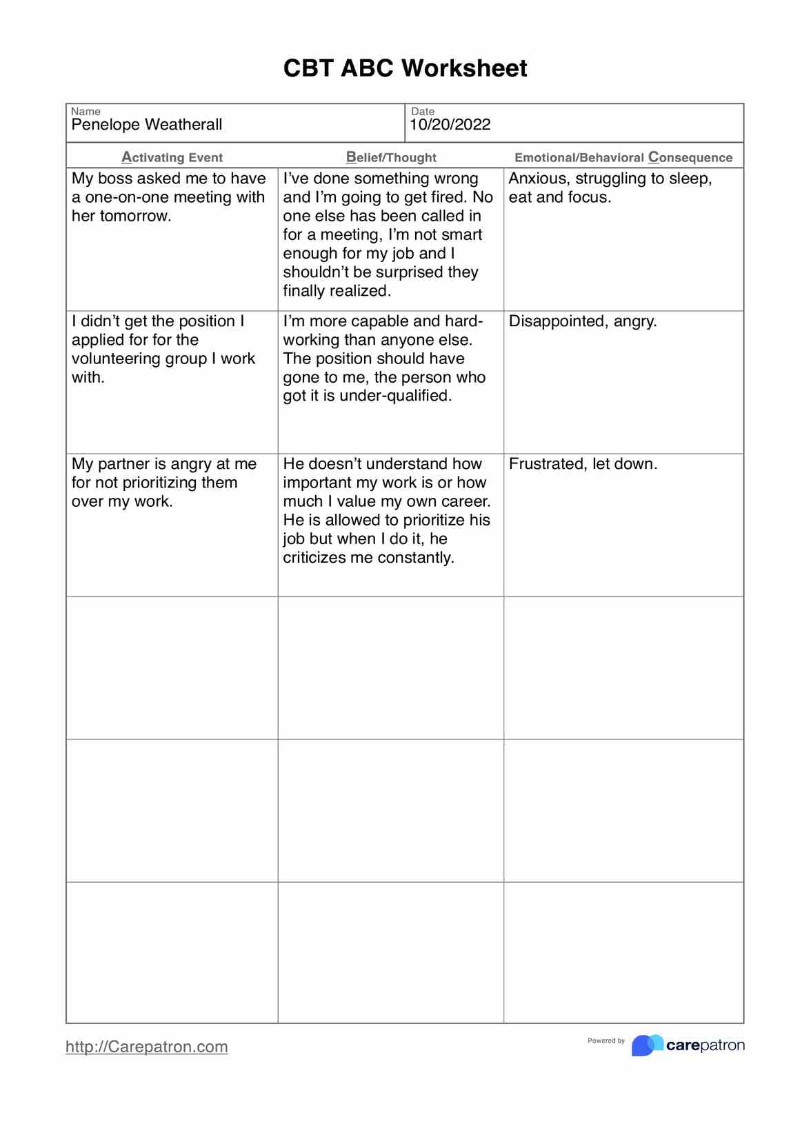 CBT ABC Worksheet U0026 Example Free PDF Download