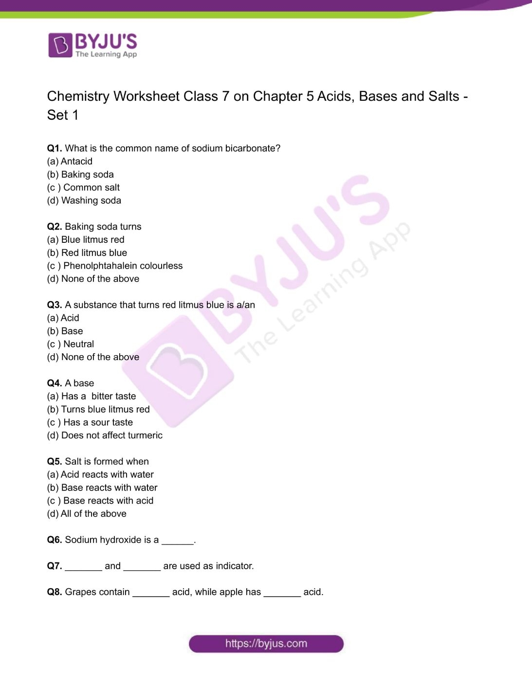 Chemistry Worksheets Class 7 On Chapter 5 Acids Bases And Salts With Answers Set 1