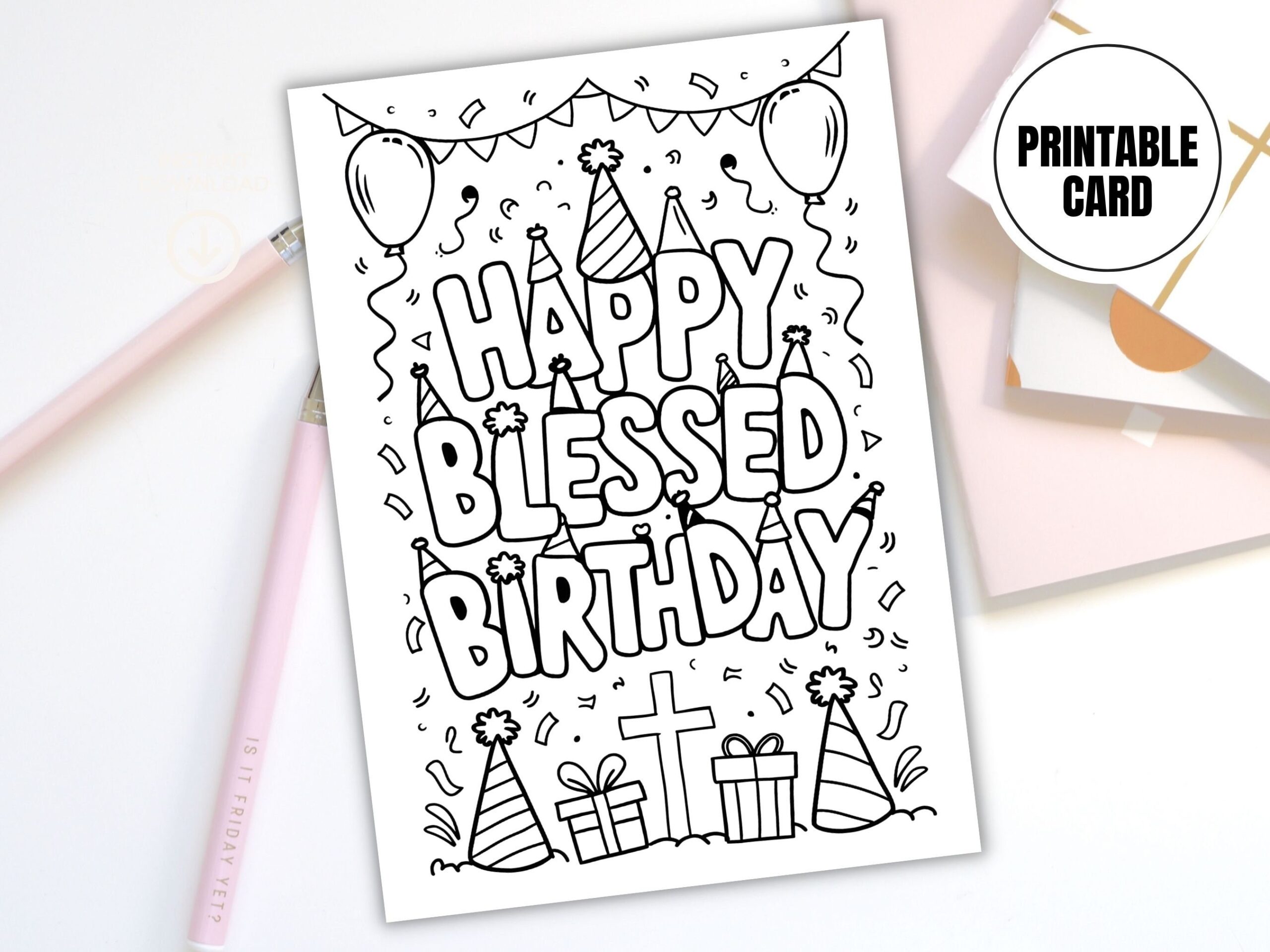 Christian Birthday Printable Coloring Card Happy Blessed 
