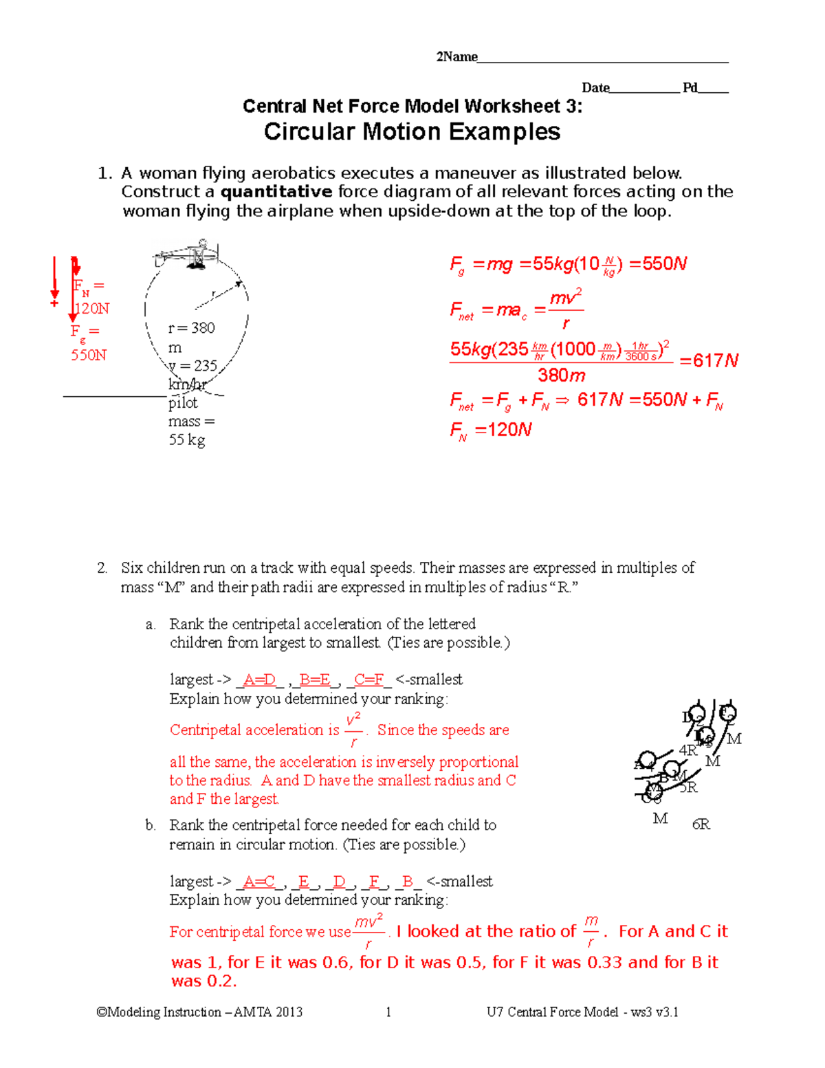 Circular Motion W3 answers 2Name Date Pd Central Net Force Model Worksheet 3 Circular Motion Studocu