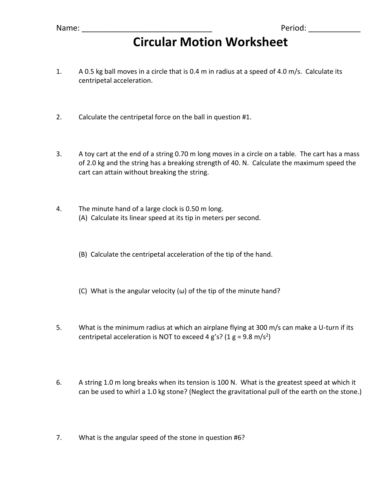 Circular Motion Worksheet Physics Problems