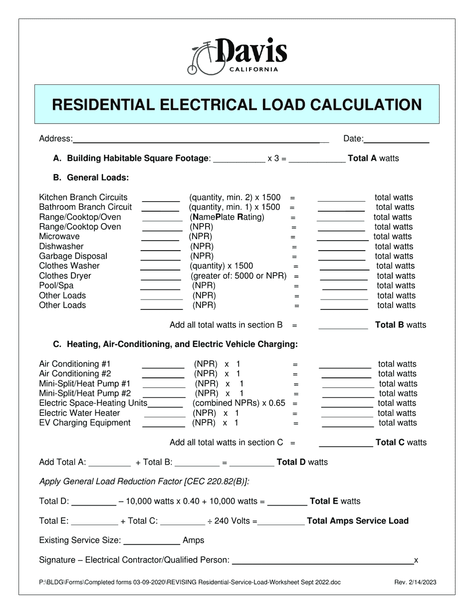 City Of Davis California Residential Electrical Load Calculation Fill Out Sign Online And Download PDF Templateroller