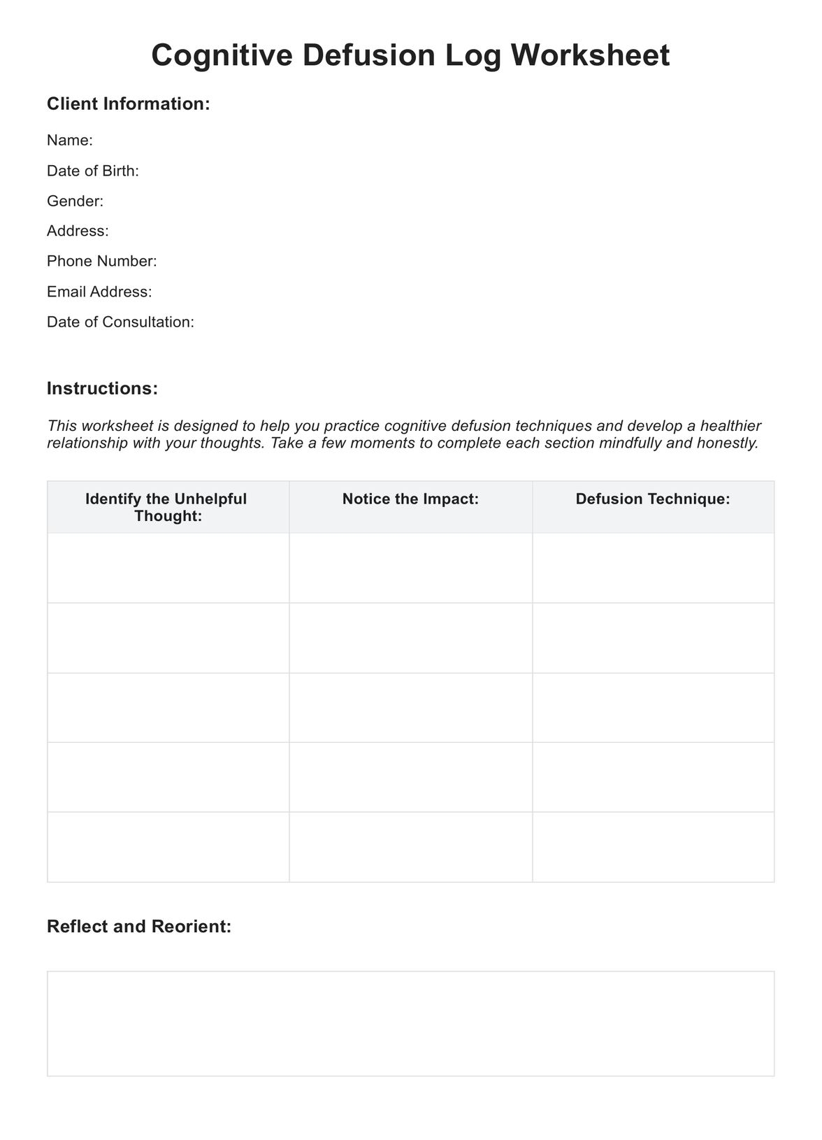 Cognitive Defusion Worksheet U0026 Example Free PDF Download