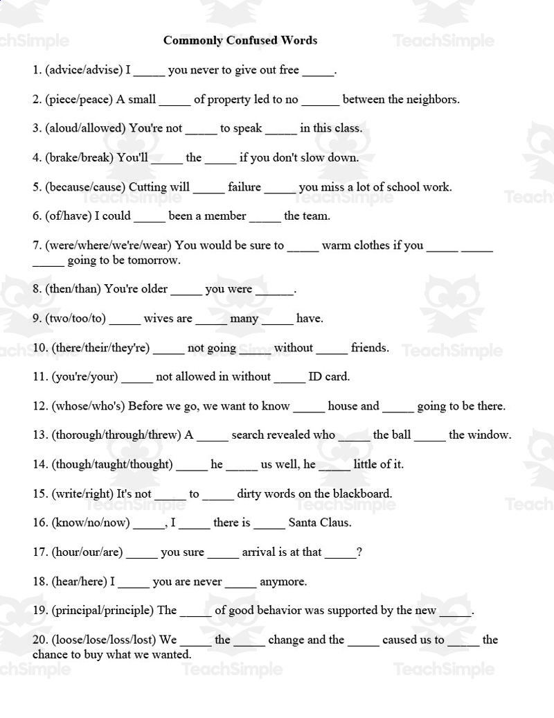 Commonly Confused Words Exercise By Teach Simple