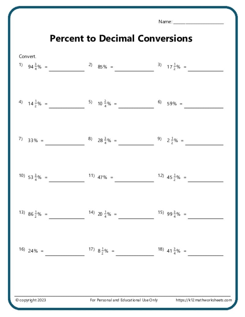 Converting Percentages Worksheets