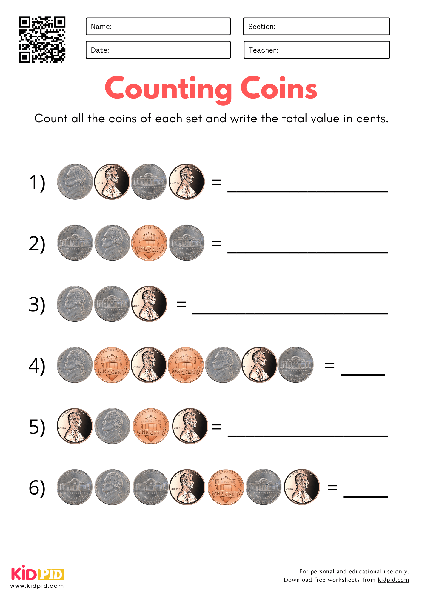 coins worksheet