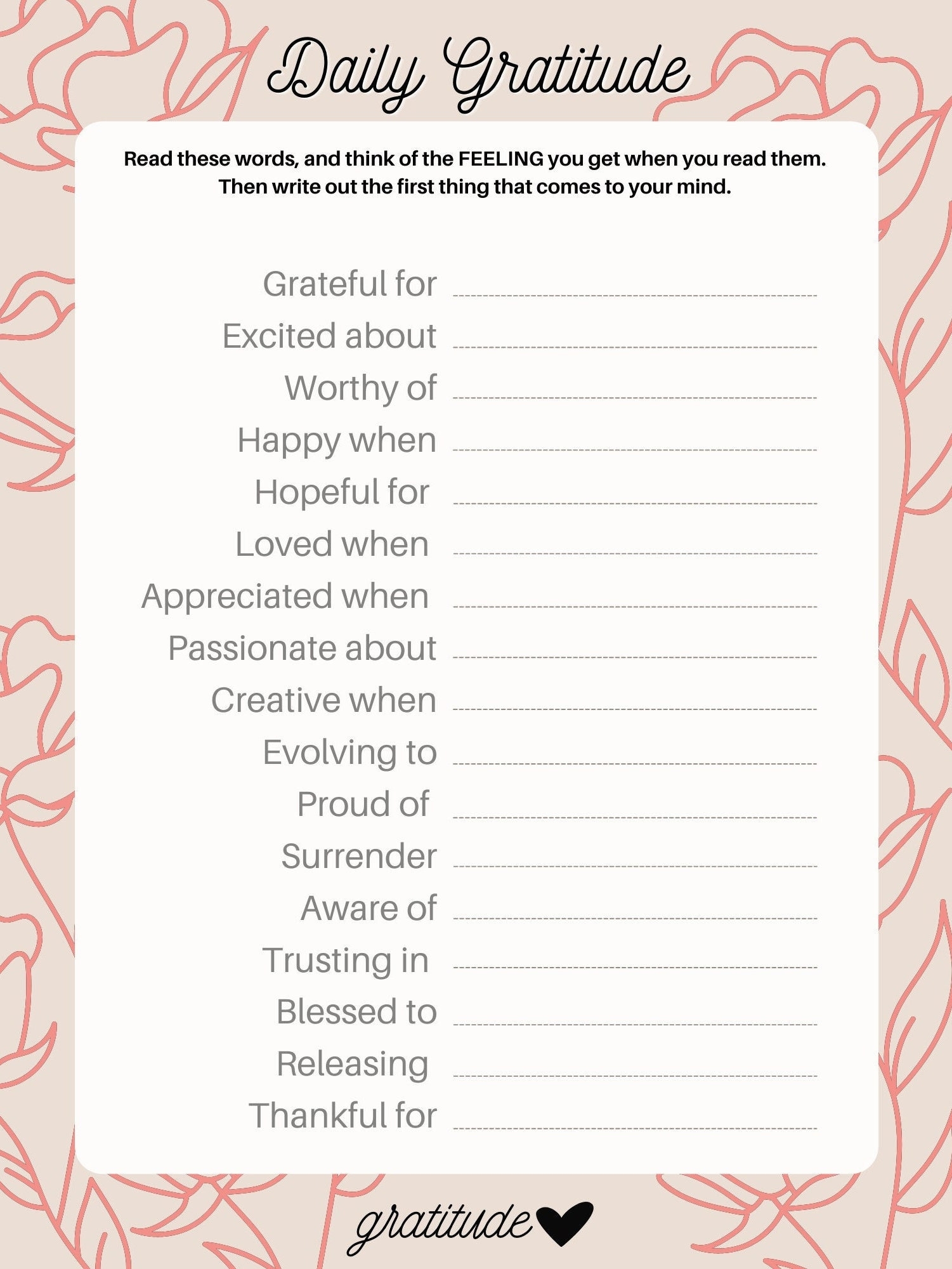 Daily Gratitude Worksheet Self help Printable Healing U0026 Journaling Page Self help Gratitude Page Daily Gratitude Journaling Tool Etsy