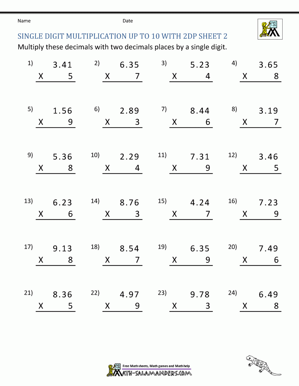 multiplication of decimals worksheet