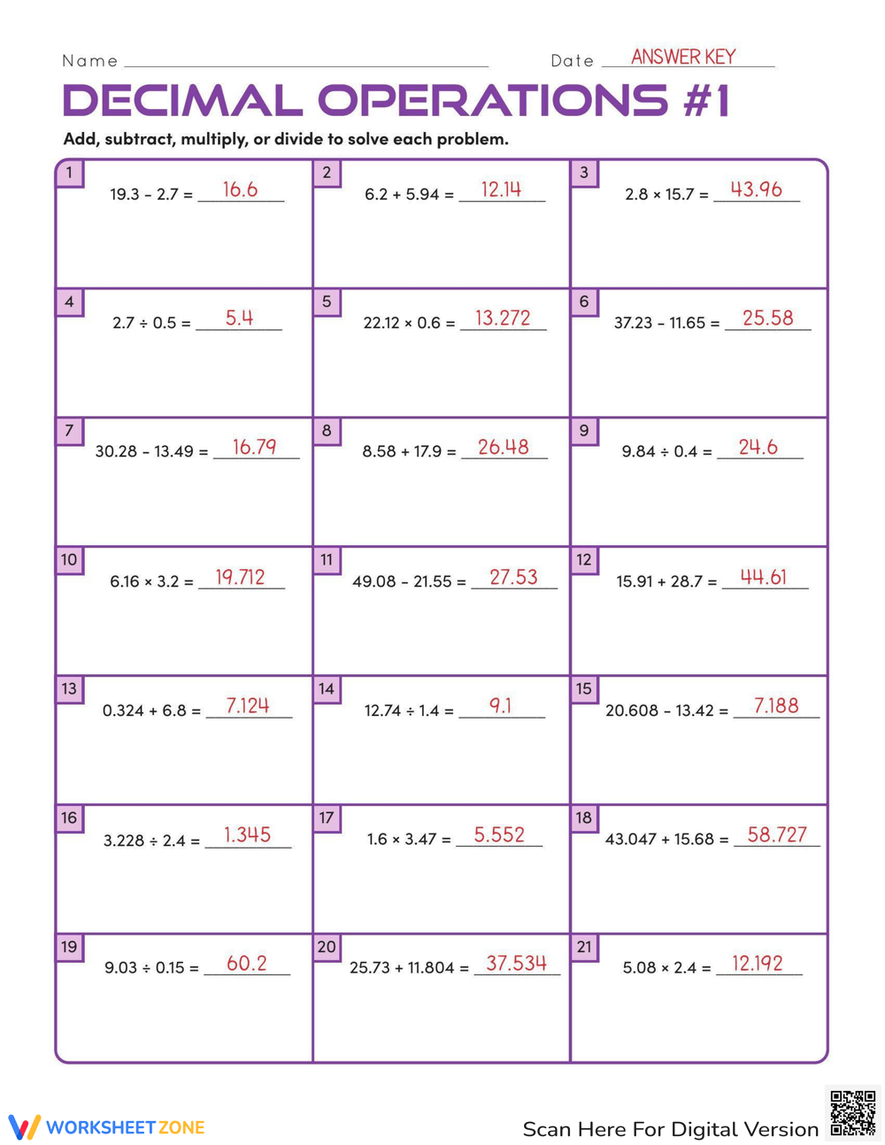 decimal operations worksheet