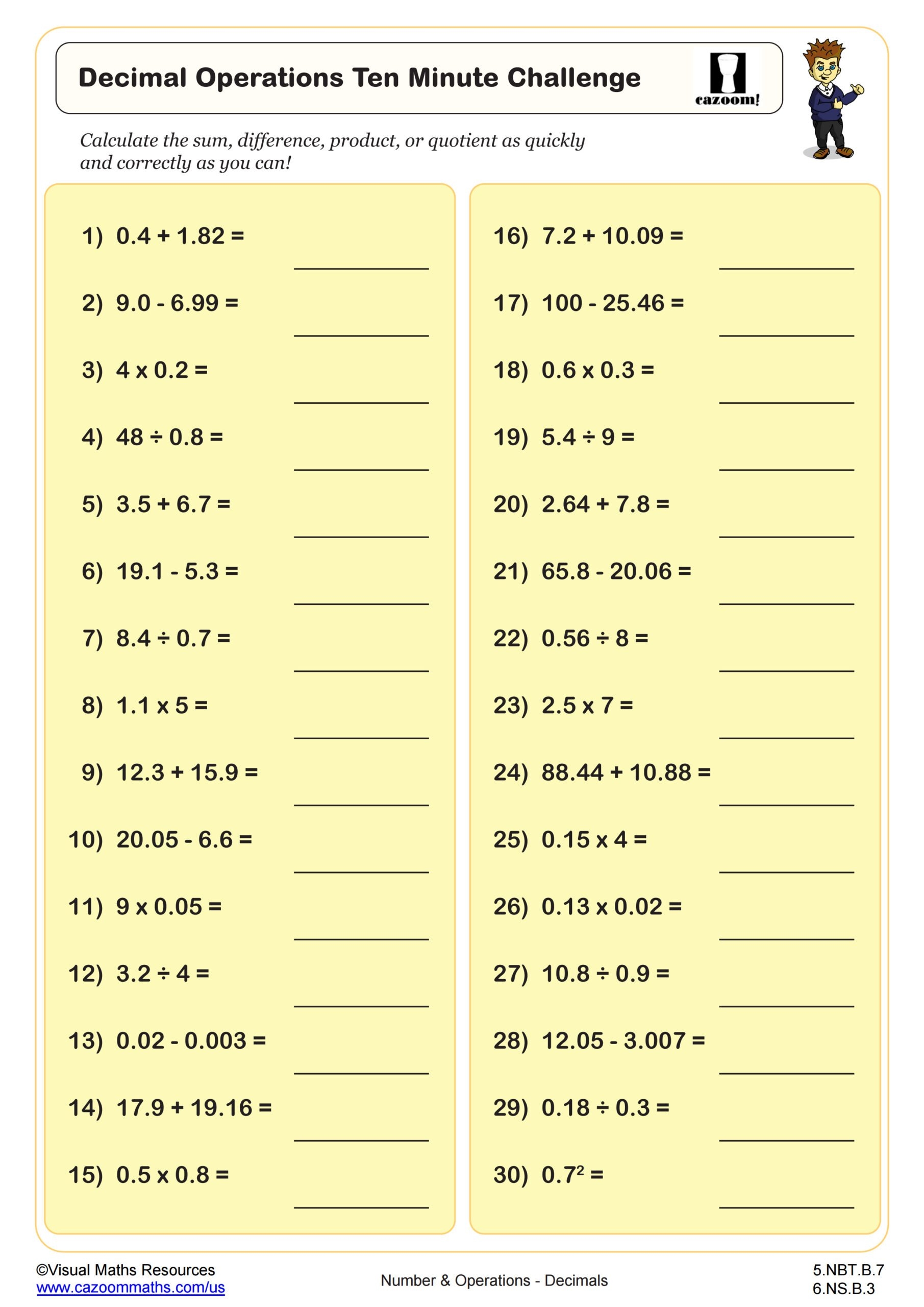 Decimal Operations Ten Minute Challenge Worksheet Fun And 