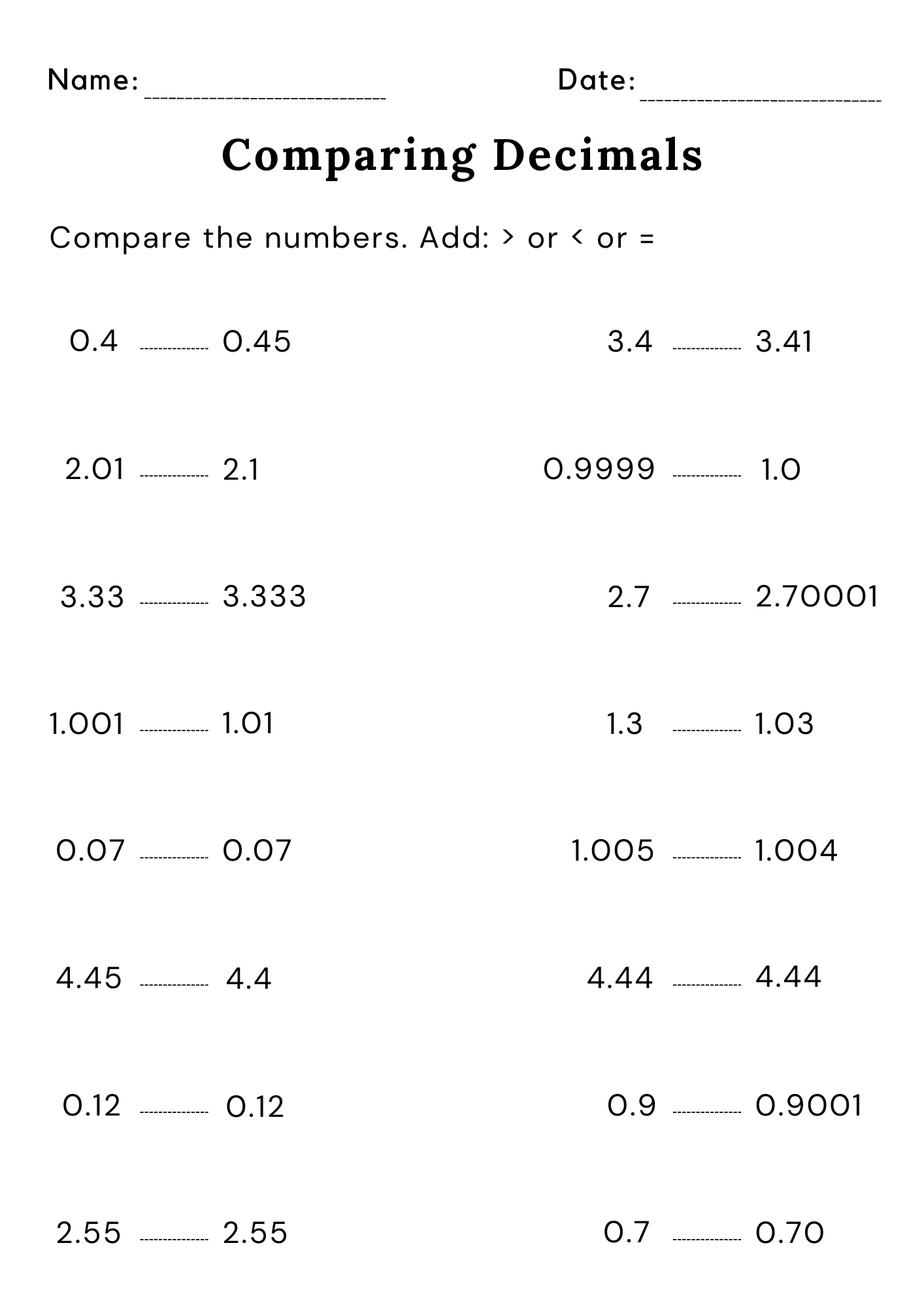 decimals worksheet