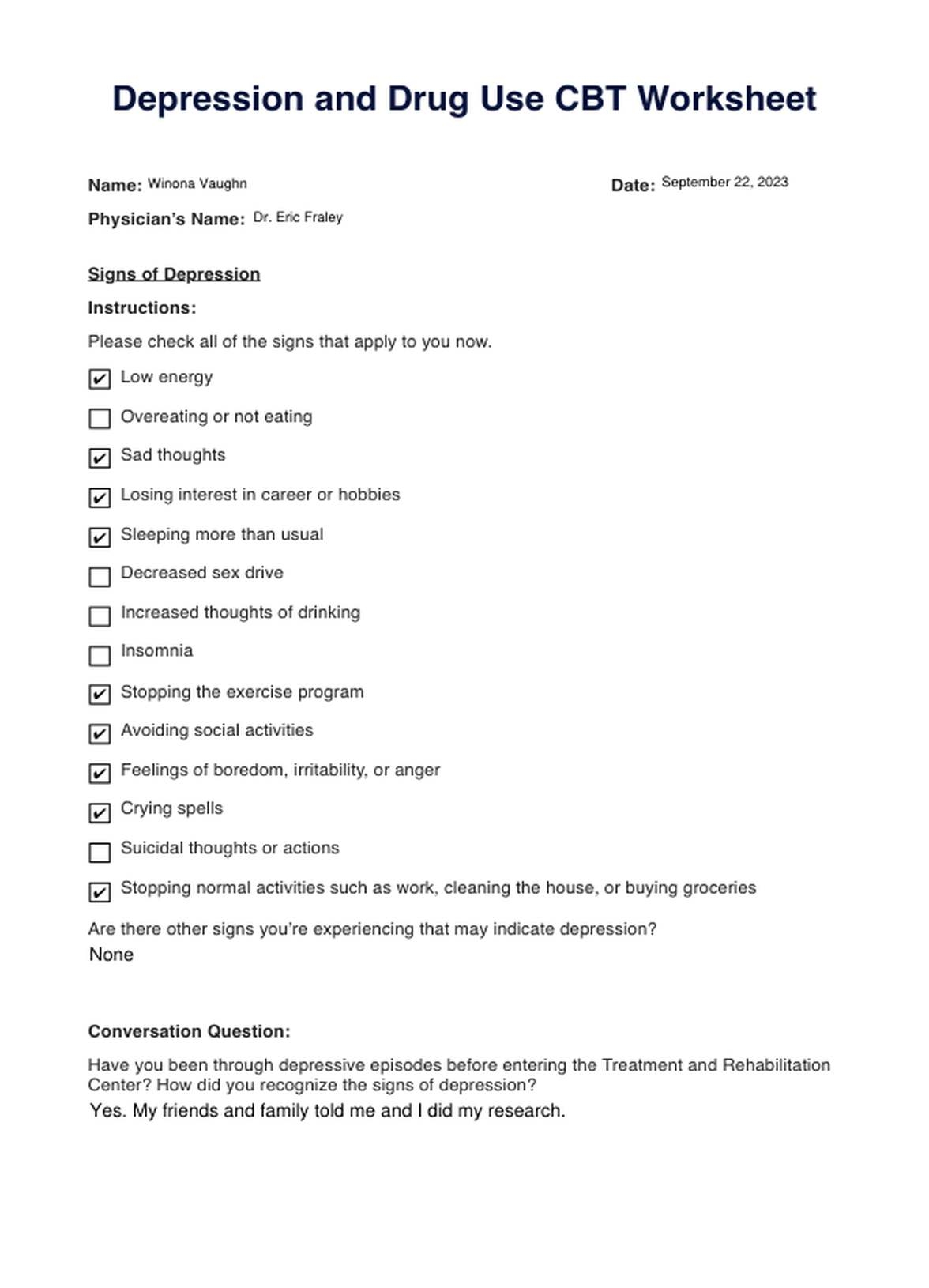 Depression And Drug Use CBT Worksheet U0026 Example Free PDF Download