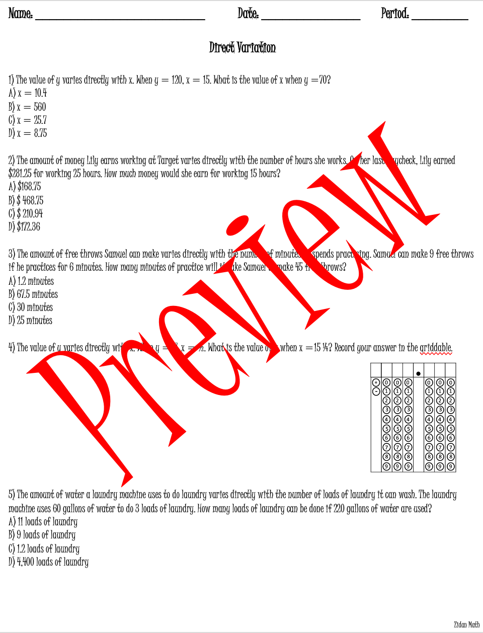 direct variation worksheet