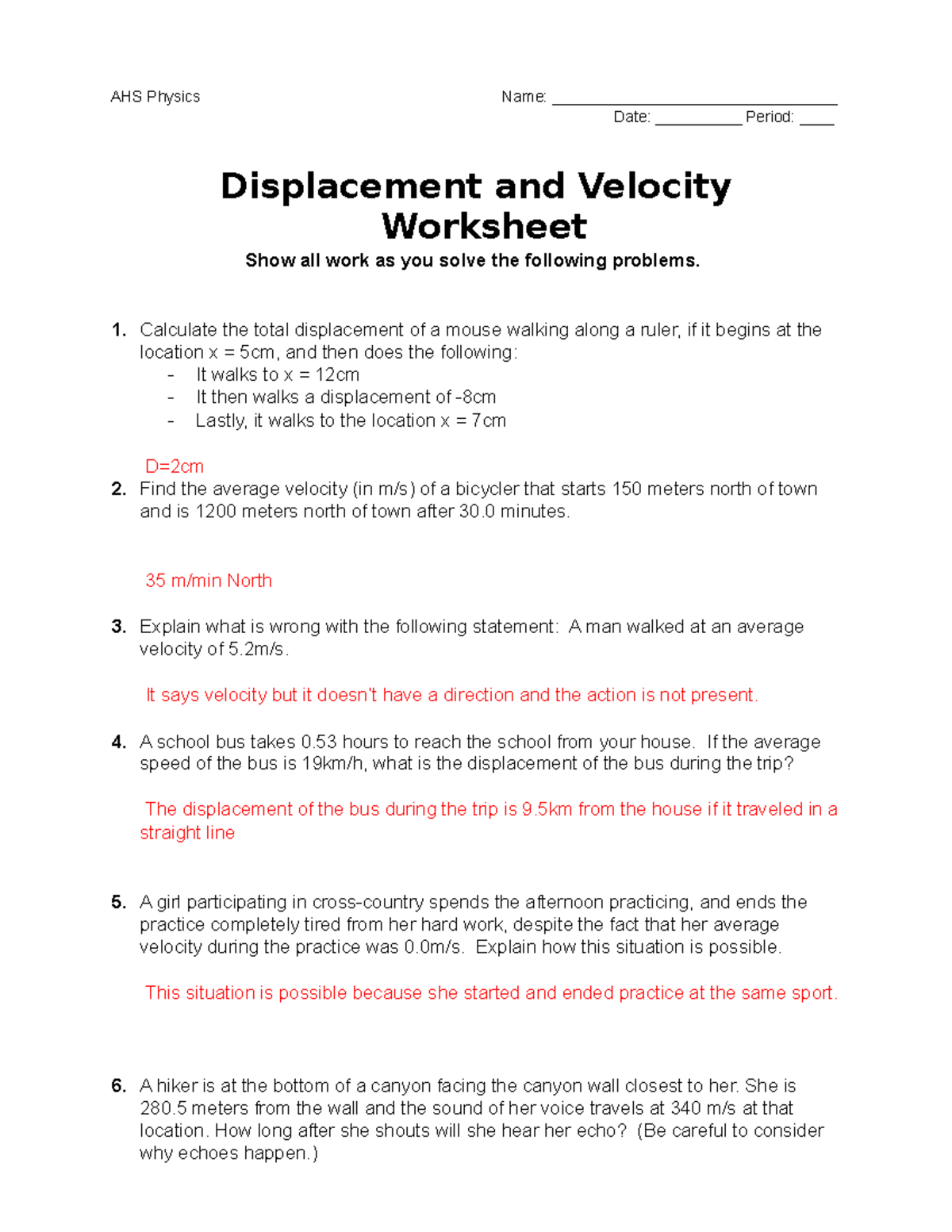 Displacement And Velocity Worksheet AHS Physics Name Date 