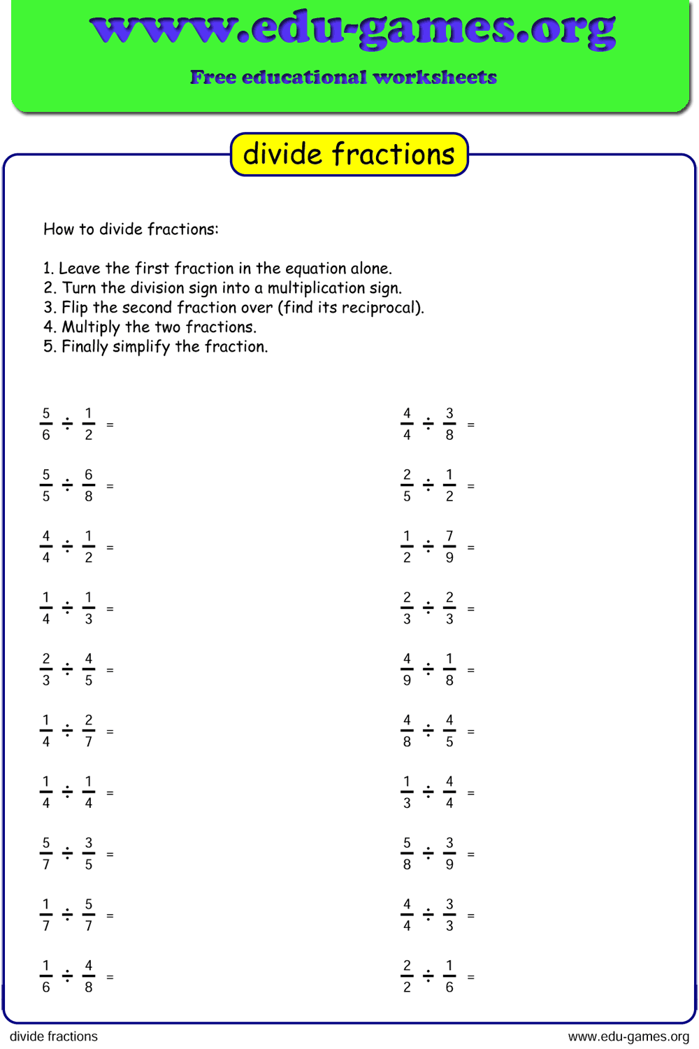 fractions as division worksheet