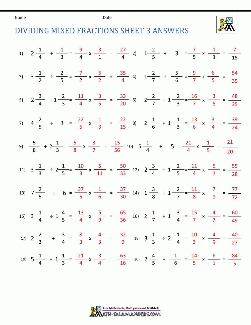 Dividing Mixed Fractions Worksheet