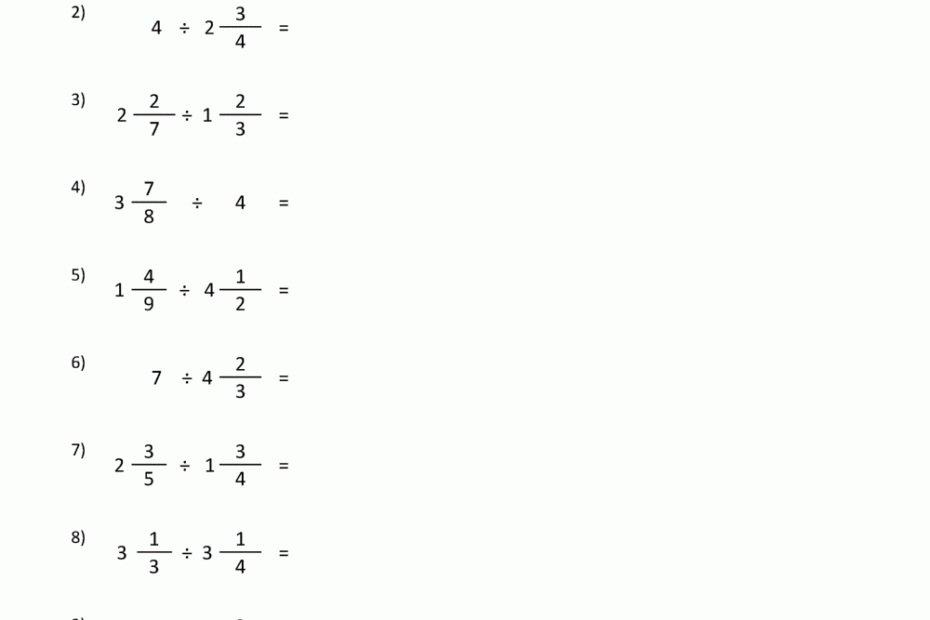 Dividing Mixed Fractions Worksheet