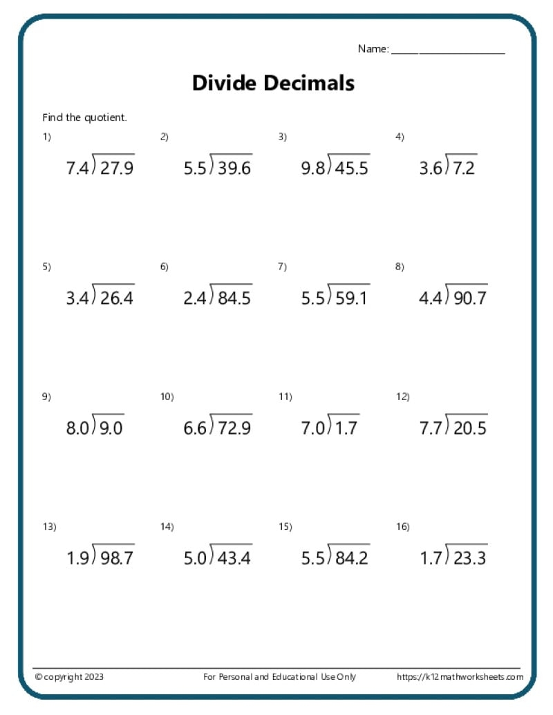 decimal worksheets for 5th graders