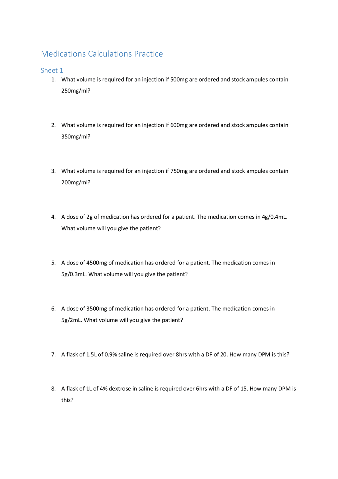 Dosage Calculation Practice Worksheets With Answers Exercises 