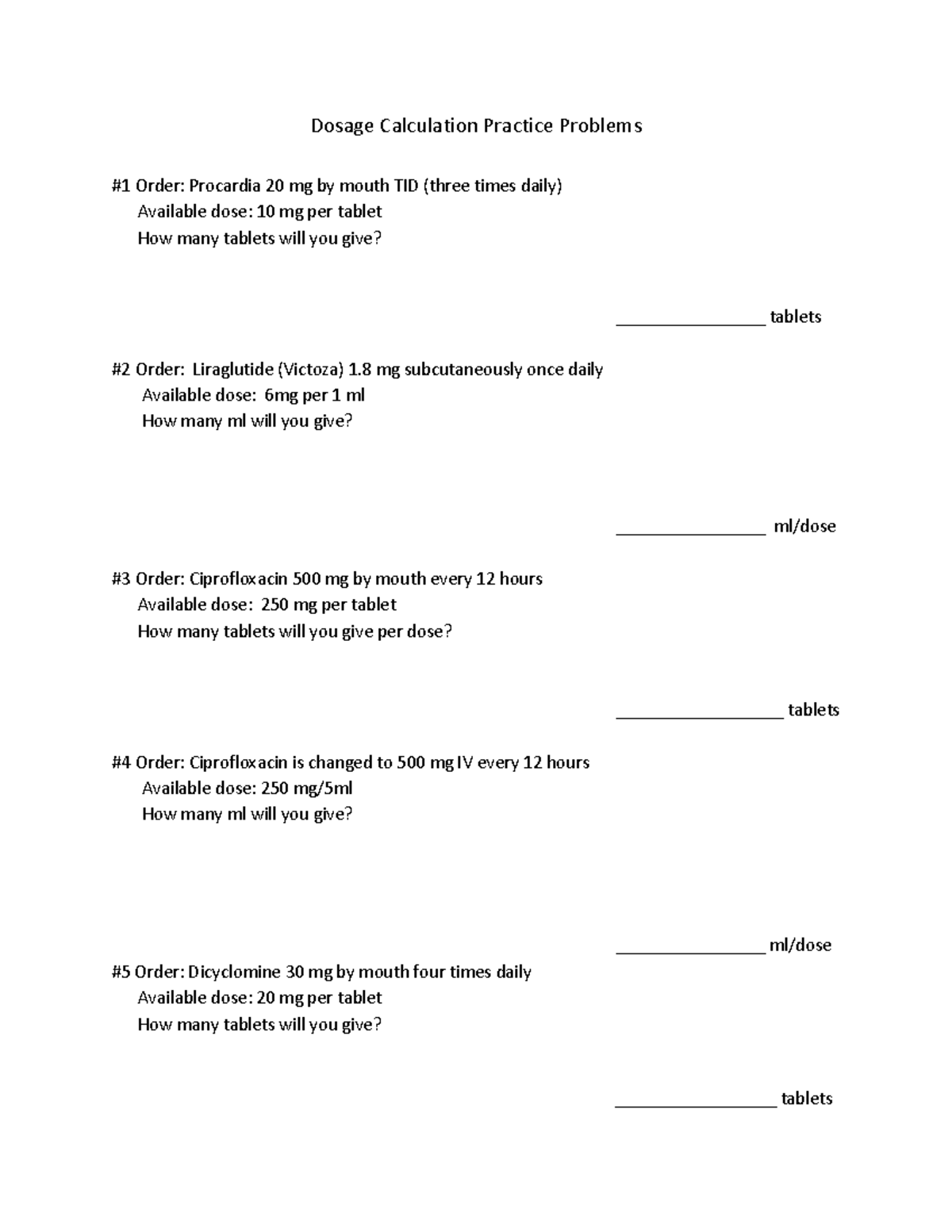 dosage calculations worksheet