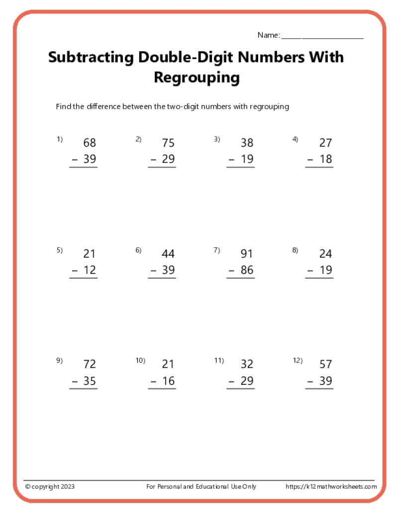 printable worksheet subtraction with regrouping